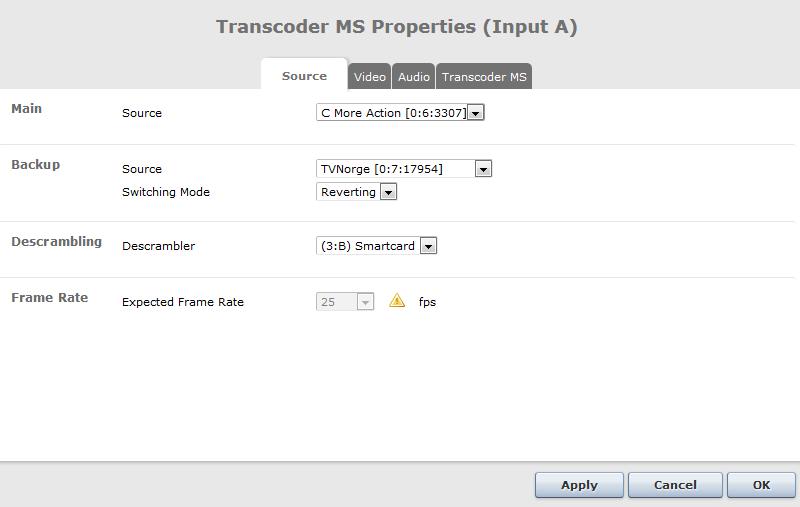 Click edit and the Universal Transcoder- Multiscreen configuration pages will be displayed. The configuration parameters are organized into different sections selectable from the tab menu on top.