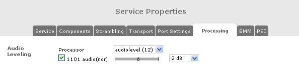 2 Setting up Audio Leveling Processor Check box Slider/Dropdown box Select the audio leveling card to route the input stream