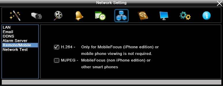 6.6.5 Remote / Mobile You can configure the compression format for the sub-stream for mobile phone access. Select H.264 or MJPEG codec to enable the mobile phone access function. Figure 6-28 H.