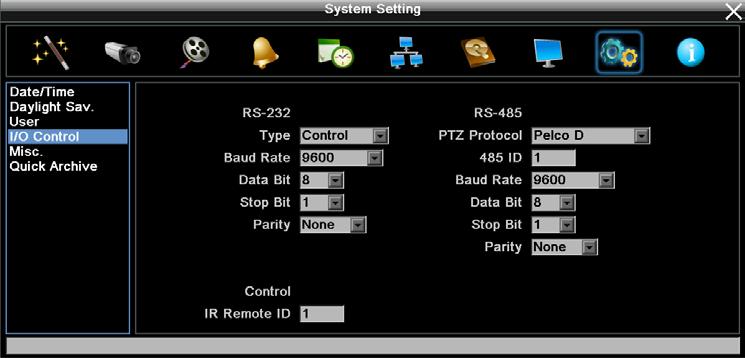6.9.4 I/O Control The I/O Control setup menu is used to define the settings for controlling the DVR through RS- 485 / RS-232 communication protocol and for DVR to control the connected PTZ cameras.
