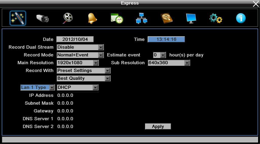 6.1 Express You can configure the global express settings for all cameras. Figure 6-2 Date: Click to bring up the on-screen keyboard to set up the system date.