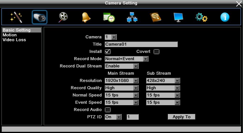 6.2 Camera Settings You can configure the settings for individual camera. The setting options include Basic Setting, Motion and Video Loss. 6.2.1 Basic Setting Figure 6-3 Camera: Select a camera to be configured.