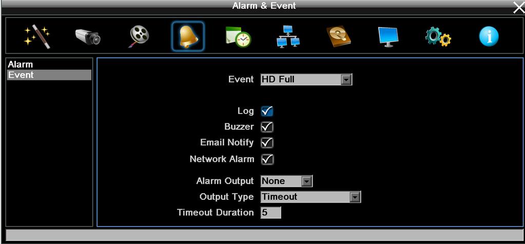 6.4.2.4 HD Full Figure 6-14 Log: Check the box to record alarm events to log data. Buzzer: Check the box to enable buzzer when HD is full.