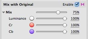 Use the Enable checkbox in the Mix with Original group. Use the Mix control to adjust the overall mixing of the filtered and original frame.