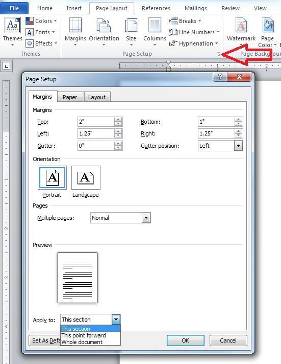 To adjust the settings of a section, make sure the cursor is in the section you want to alter, then click the arrow in the bottom right corner of the Page Setup section under the Page Layout tab.