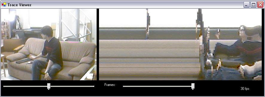 Figure 4: The video cubism visualization, the image on the right is a composite of a single column of pixels taken from each frame.