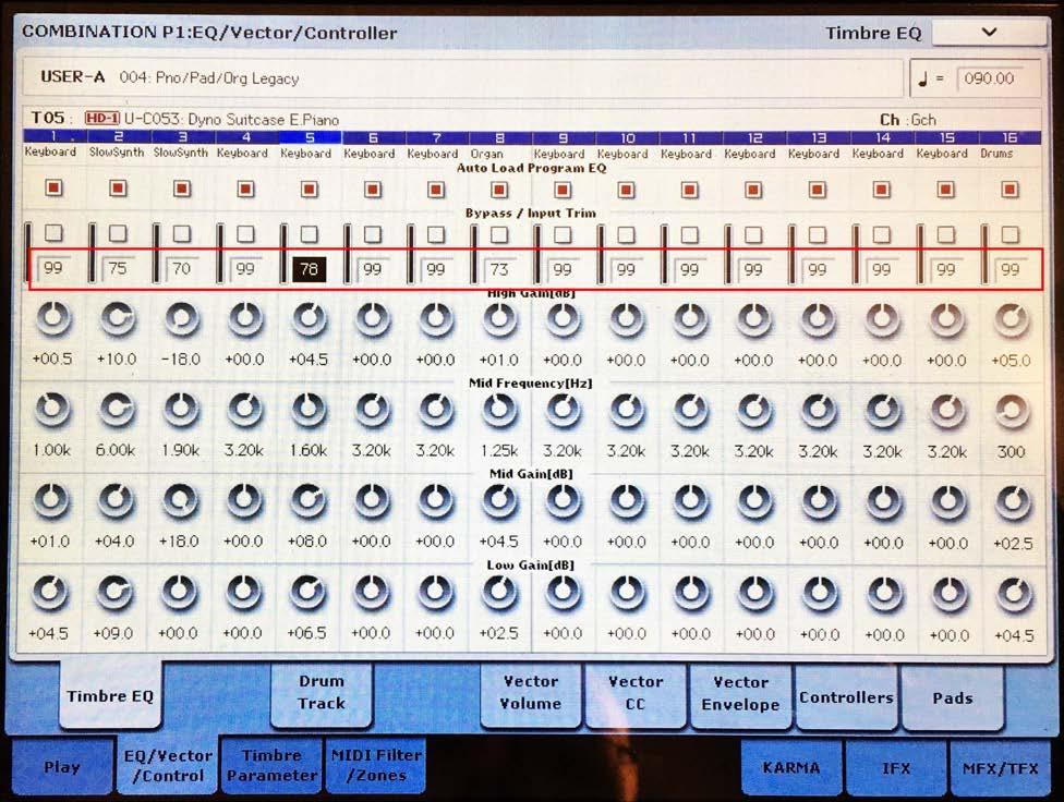 Go to the EQ/Vector Control->Timbre EQ page. The row of numbers below the bypass button is the input trim volume control. This range is 0-99.