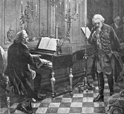 BACH PLAYING BEFORE FREDERICK THE GREAT. The kind of a piano that Sebastian Bach played on was not called a piano in his day. It was called a Clavier or Clavichord.