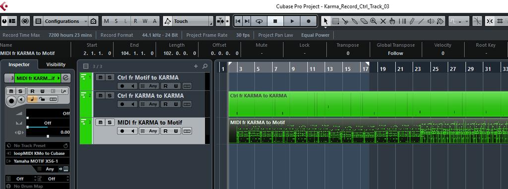 You can now locate back to the beginning and start recording, and Cubase sends the two Control Tracks into KARMA, which then performs the whole song, while sending the MIDI data back to Cubase, where