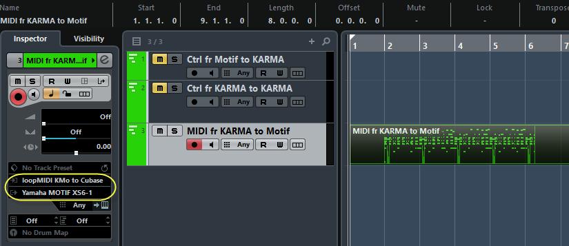 Set up the KARMA Performance Editor > MIDI Setup page to take input from the Motif s USB Driver Port 1 (or FW Driver Main ), but set the output port to IAC 'loopmidi KMo to Cubase', thereby sending