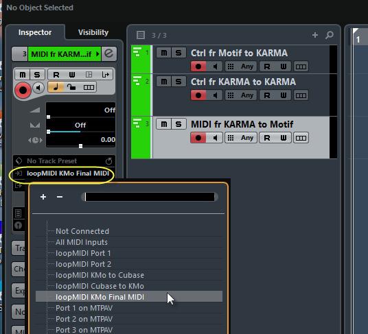 On the Cubase side, we set our KARMA MIDI recording track to take