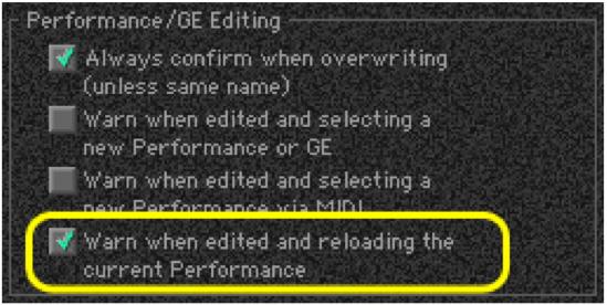 However, this can become annoying when trying to record KARMA Performances, so there is a setting in the Preferences > General page Warn when edited and reloading the current Performance.
