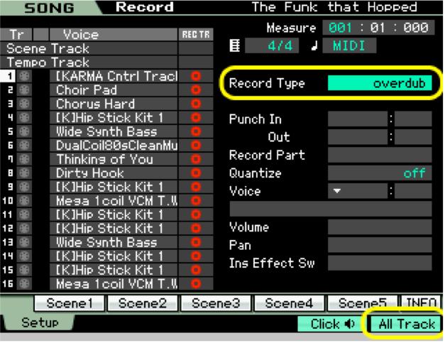 5. When you eventually want to record the MIDI output of KARMA for all tracks: a. Press the [Record] button on the Motif, and change Record Type to overdub. b. Press [F6] All Track to record enable all tracks.
