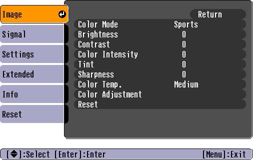 List of Functions 33 "Image" Menu The items that can be set will vary depending on the input source that is currently being projected. Setting details are saved separately for each source.