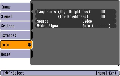 38 List of Functions "Info" Menu Lets you check the status of the image signals being projected and the status of the projector.