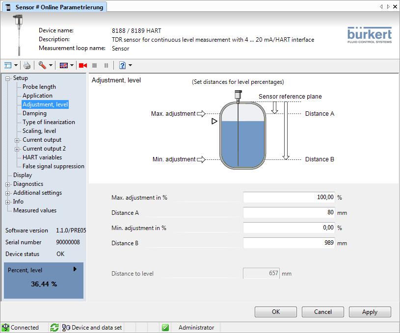 7 Setup with PACTware Fig. 17: Example of a DTM view Device DTMs General information The device DTM includes an assistant for simple project configuration simplifying the adjustment considerably.