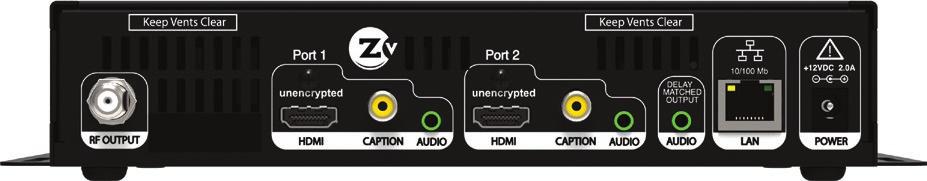 Basic Installation Unencrypted HDMI Out Composite Video Analog Audio Unencrypted HDMI Video Source RF Output +25 dbmv for Teletext only Video Source Back of Zvp820 Modulator Coax cable connects to