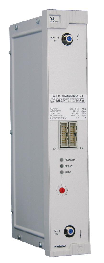 STB 016 SAT-TV Transmodulator 8PSK/QPSK QAM/RF The STB 016 is a modular type 8PSK/QPSK to QAM Transmodulator and an ideal unit for any cable or broadband operator who want to transmit high quality