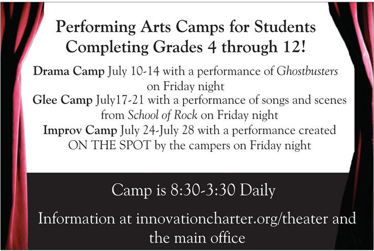 The Performing Arts Program of Innovation Academy in Tyngsboro Presents Drama Camp, Glee Camp and Improv Camp 2017 For students completing Grades 4 through 12!