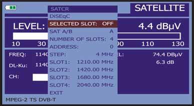 5.26 SATCR function By means of function SATCR it is possible to control the devices of a TV installation satellite that are compatible with the SatCR 9 technology (Satellite Channel Router), which