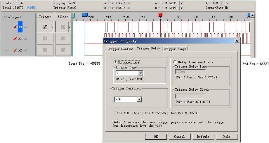 Trigger Delay page of the Trigger Property dialog box as shown in Fig 4-11. Or type the numbers into the column of Trigger Delay on the Tool Bar.