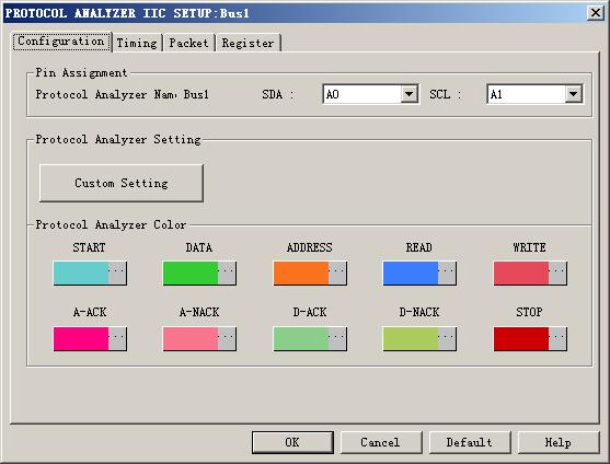 Fig 4-67 Protocol Analyzer IIC Setup Step6. Set the Pin Assignment. 1. Pin Assignment : Set the display name of IIC in Bus1. 2. SDA: Choose SDA channel for IIC 3.