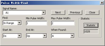 Fig3-50: Pulse Width-Find Dialog Box Signal Name:It can select the single channel for Find.