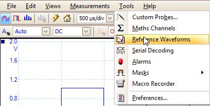 There are two ways to access reference waveforms. The quick method is to right-click on the screen and select Reference Waveforms and the channel. This will immediately create a reference waveform.