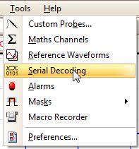 The Serial Decoding option can be accessed from the Tools menu in Scope mode.