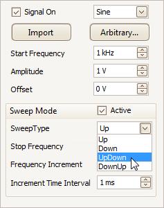 The frequency, amplitude and offset can also be adjusted. Changing the offset to 1 V will move the signal up. 10.1.1 Sweep mode The signal can be swept by ticking the Enabled box in the Sweep section.