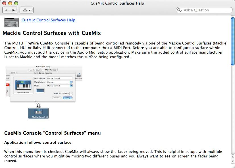 CONTROL SURFACES MENU CueMix FX can be controlled from an automated control surface such as the Mackie Control. Use the commands in the Control Surfaces menu to enable and configure this feature.