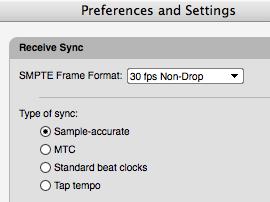 This setting can also be made in the MOTU SMPTE Setup (shown below). In AudioDesk or Digital Performer: 1. Choose Receive Sync from the Setup menu.