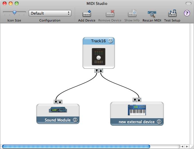 Your configuration is automatically saved as the default configuration, and it is shared with all Core MIDI-compatible software. Figure 3-3: Connecting devices to the Track16.