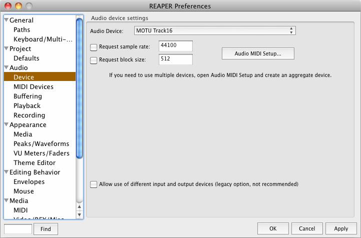 Figure 7-10: Enabling the Track16 in Reaper Figure 7-8: Enabling the Track16 in Live Reason and Record In Propellerhead Reason or Record, go to the Preferences window, choose Audio preferences from