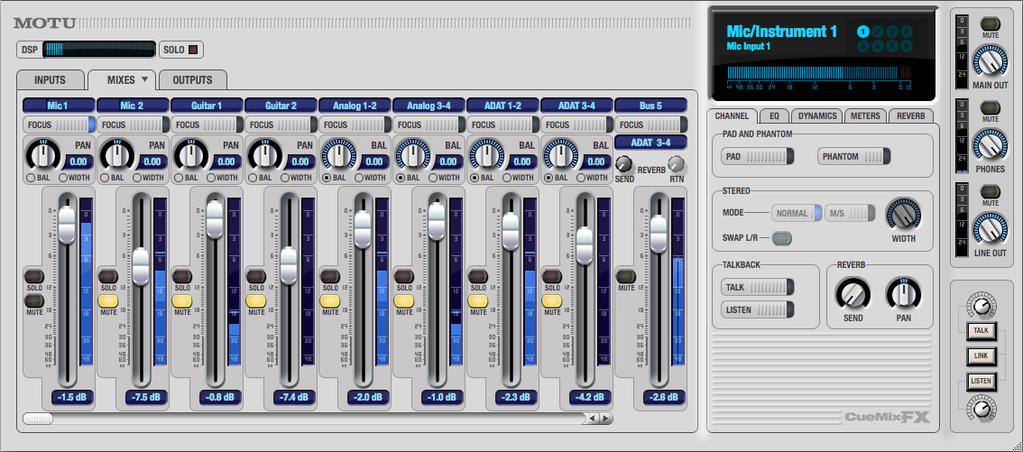 Output channels The Outputs tab (Figure 9-6 on page 65) gives you access to settings for each Track16 output pair, including EQ, dynamics processing and send/ return controls for feeding and