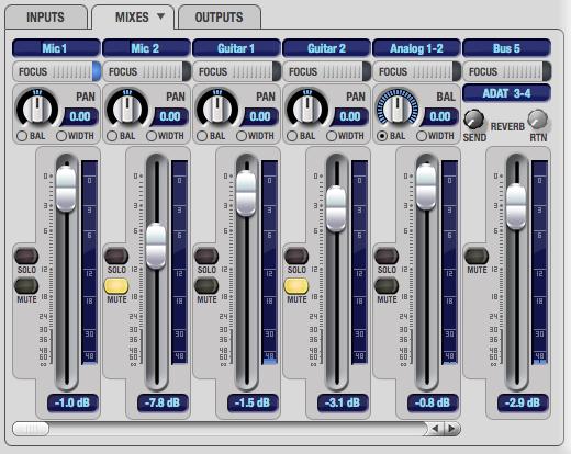 THE MIXES TAB Click the Mixes tab (Figure 9-2) to gain access to the Track16 s eight stereo mix busses. The Mixes tab displays one mix bus at a time.