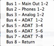 The menu shows all mixes by name, followed by the Track16 output pair to which each bus master fader is assigned.
