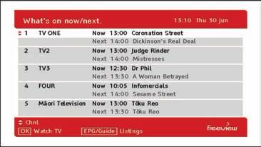 EPG (Electronic Programme Guide) Freeview EPG The Freeview EPG (Electronic Programme Guide) is an on screen TV guide that you can access