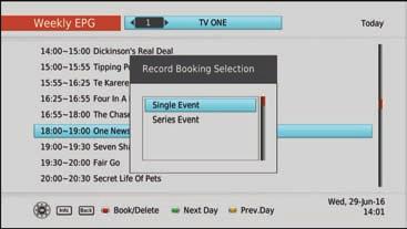 Recording via the Weekly EPG You can also book programs via the Weekly EPG just like the Freeview Guide. 1. Press the MENU button on the remote. 2. Select EPG from the Main Menu and press OK.