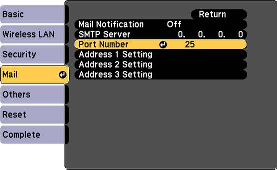 2. Select the Network menu and press Enter. 3. Select Network Configuration and press Enter. 4. Select the Mail menu and press Enter. 5. Turn on Mail Notification. 6.