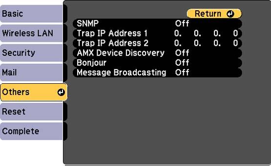 4. Select the Others menu and press Enter. 5. Enter up to two IP addresses to receive SNMP notifications, using 0 to 255 for each address field.