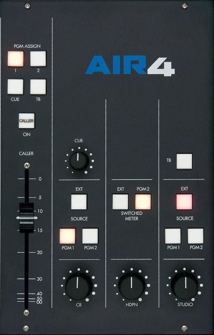 Using AIR-4 Inputs section Source Select Selects between two analog stereo sources: A or B Program Assign Assigns the source signal to the console s two stereo Program outputs Cue Button Places the