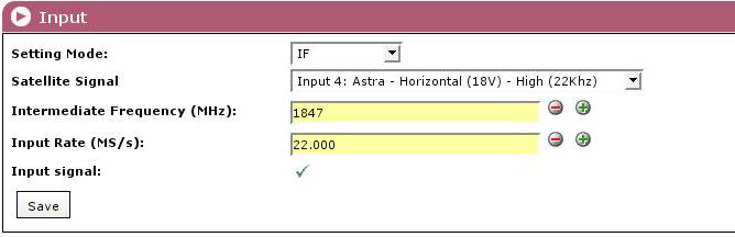 Input Figure 2.4 - Input Window IF Mode "Intermediate Frequency (MHz)": Enter the value calculated for the transposed intermediate frequency of the transponder's frequency in the box.