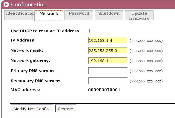 Configuration Network Click on the Network tab to configure the streamer's ethernet connection parameters. The following card is displayed: Figure 1.3 - Network card of the Configuration window.