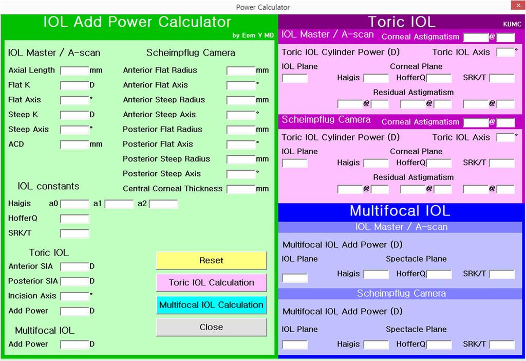 Fig. 1 The intraocular lens add power calculator used in this study values. Values of keratometric astigmatism (range, 1.00 6.00 CD), posterior corneal astigmatism (range, 0.10 1.