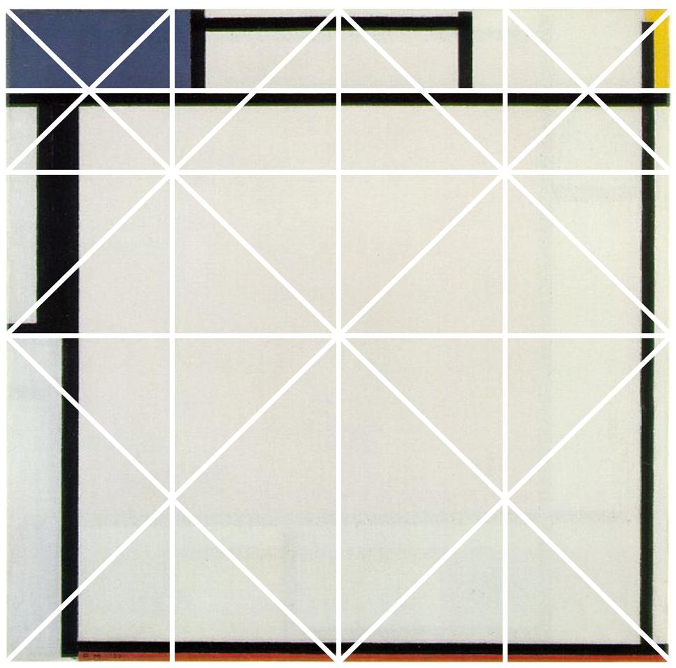 Prikaz 58: Piet Mondrian, Kompozicija v kvadratu (Composition in a Square) - iskanje razmerij Podobno kot v predhodnem prikazu (Prikaz 57) je v kompoziciji s sivo in črno (Prikaz 59) v ospredju