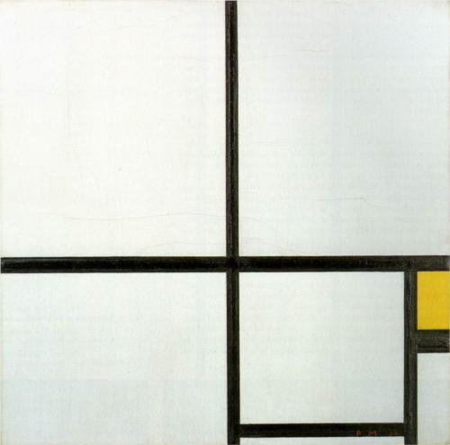 V kompoziciji z rumeno (Prikaz 61) vertikala in debelo poudarjena horizontala neenakomerno delita kvadratni format na štiri dele.