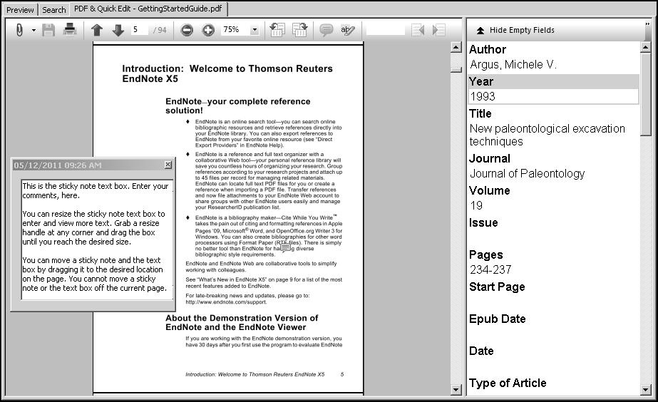 prompted. See The PDF & Quick Edit Tab in EndNote Help to learn more about the PDF Viewer and Quick Edit features.