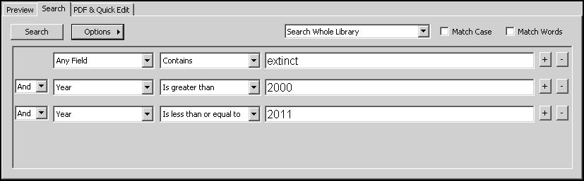 The Search tab should still display the search strategy to find extinct and the publication years between 2000 to 2011. To use the search strategy to create a smart group: 1.
