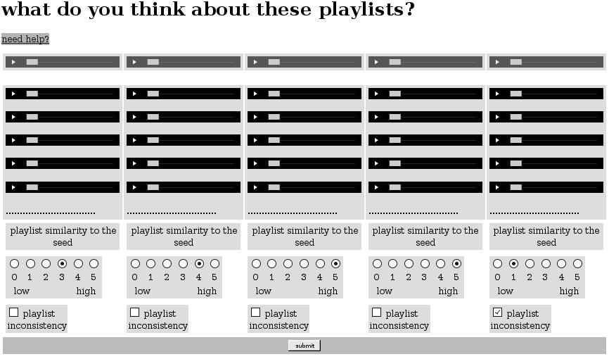 14 Fig. 3. A screenshot of the subjective evaluation web-based survey. the lowest similarity, 5 to the highest) to evaluate the appropriateness of the playlist with respect to the seed.